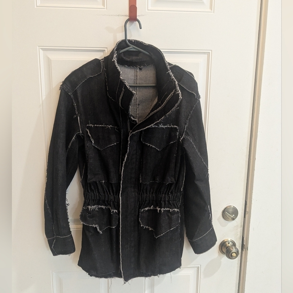 Norma Kamali Black Long Line Raw Hem Zip Up Denim Jacket